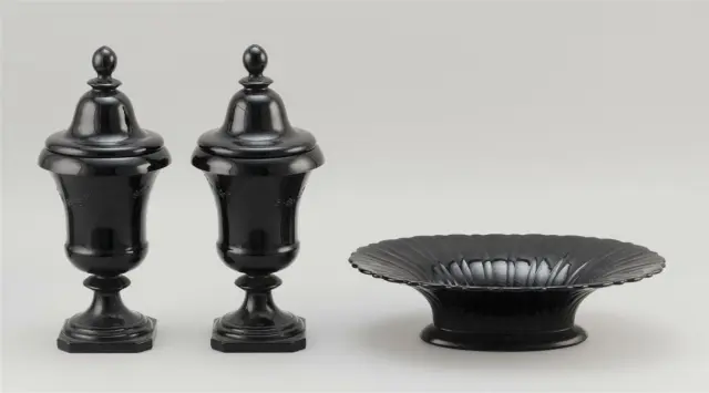 Pair of Vintage Black Glass Urn Urns + Matching Dish Nice Jars Lids
