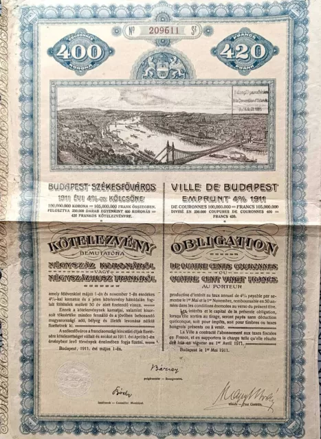 Ville De Budapest Emprunt 4% 1911 - Obligation De 420 Francs - Hongrie