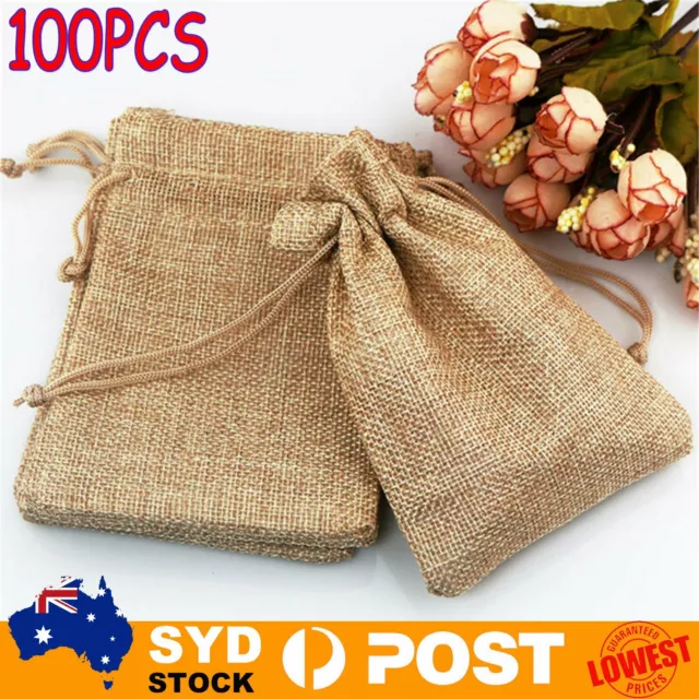 100x Bag Natural Linen Pouch Drawstring Burlap Jute Sack Jewelry Gift Wedding AU