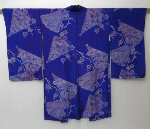 2102T09z480 Antique Japanese Kimono Silk LONG HAORI Folding fan Oriental blue
