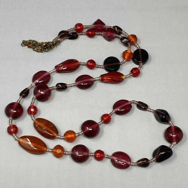 Vintage Boho Necklace Red Orange Czech Glass Bead Pressed Molded Sautoir 32"