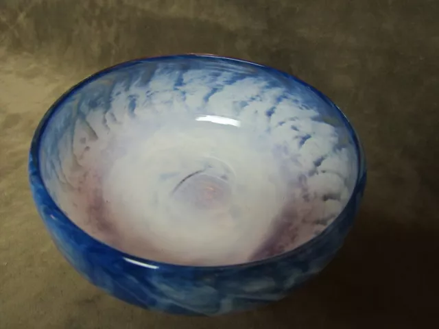 Vintage Art Glass Bowl Red White Blue Swirls Hand Blown Smaller Size Cupped 2