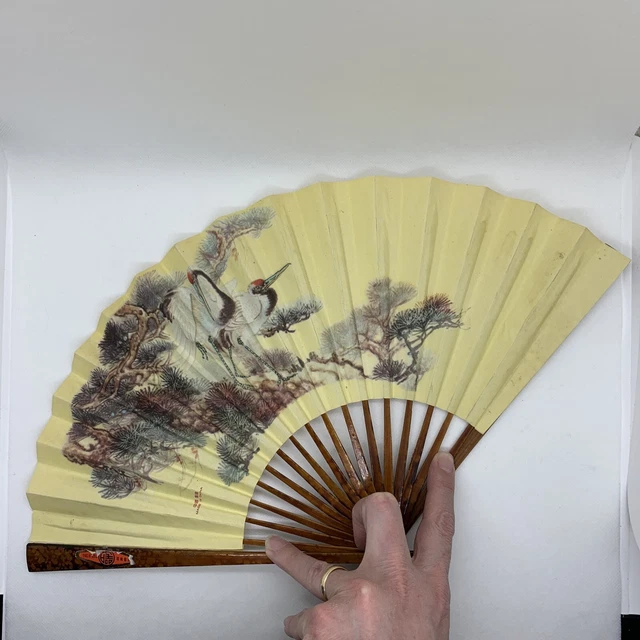 Vintage Chinese Fan Birds Cranes Trees Paper & Bamboo Brise Hand 10” By 18”