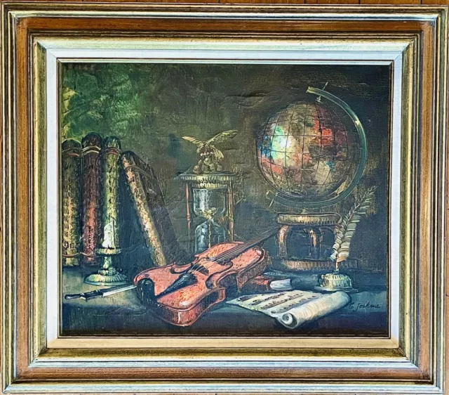 C. JOSHMA LARGE Still Life Oil Painting- Violin Globe Candle Quill ...
