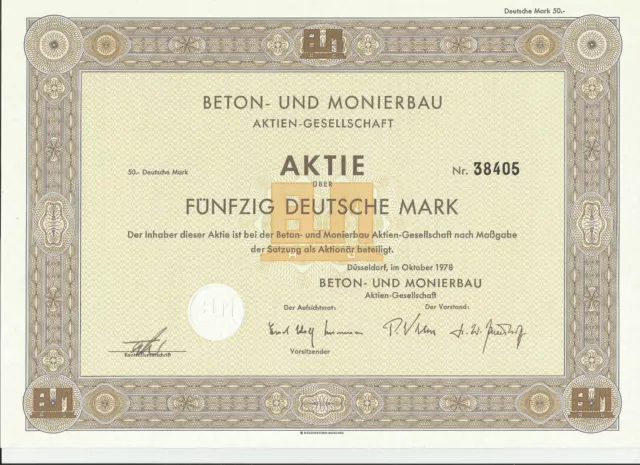 Beton- und Monierbau AG  Aktie Nr. 38405 von 1978  + Gewinnanteilschein