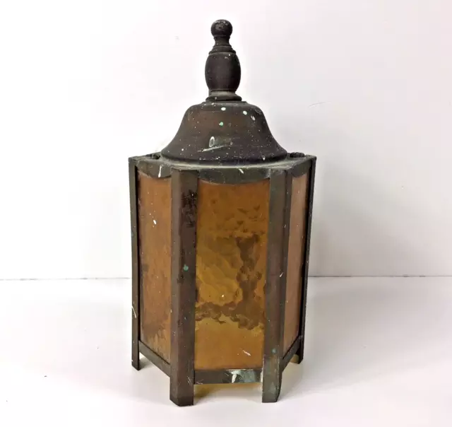 Vintage 40s 50s? Arts & Crafts 7.5” Brass / Amber Glass Porch Wall Light Sconce