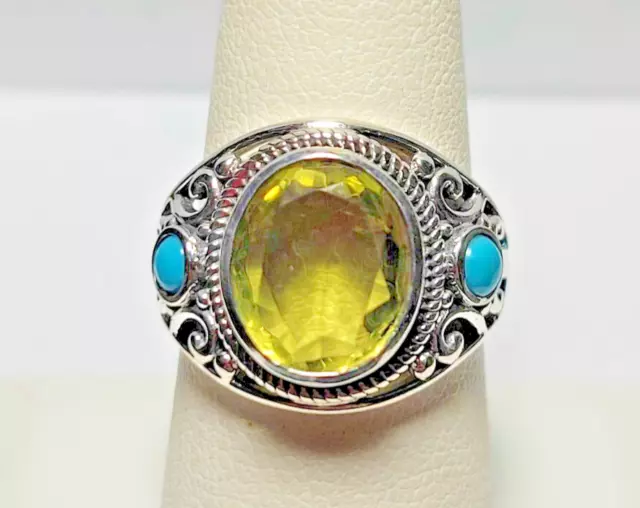 Ouro Verde Quartz Sleeping Beauty Turquoise 3 Stone Ring in Sterling Silver sz 8