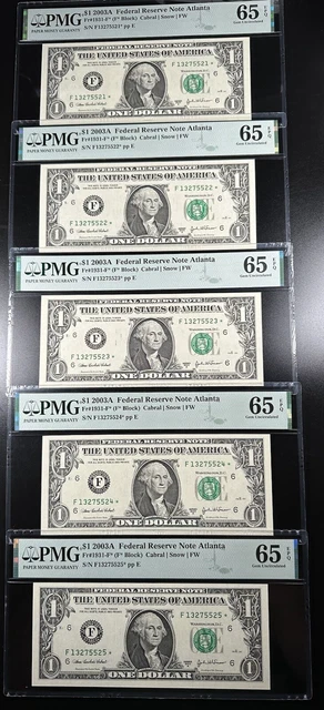 Lot of 5 Consecutive Star Federal Reserve Notes PMG Graded 65 EPQ fr 1931-F* ATL