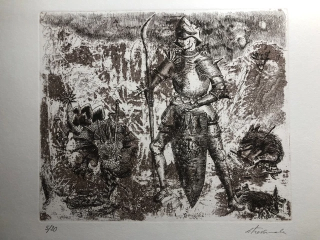 Aquaforte Lucio Trovamala Dragon Warrior signed 49.5x35.0 cm cuttlefish 70s