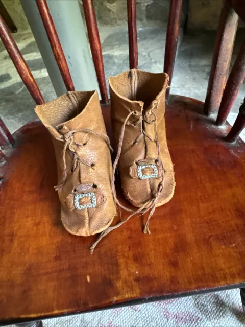 Antique Doll Boots Sz 5 Brown kid Leather German Kestner K&R French Bebe