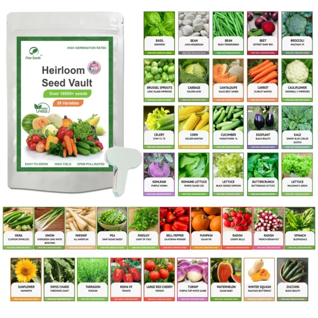 Heirloom Vegetable Seeds Survival Garden Kit - Over 18,000 Seeds, 39 Varieties