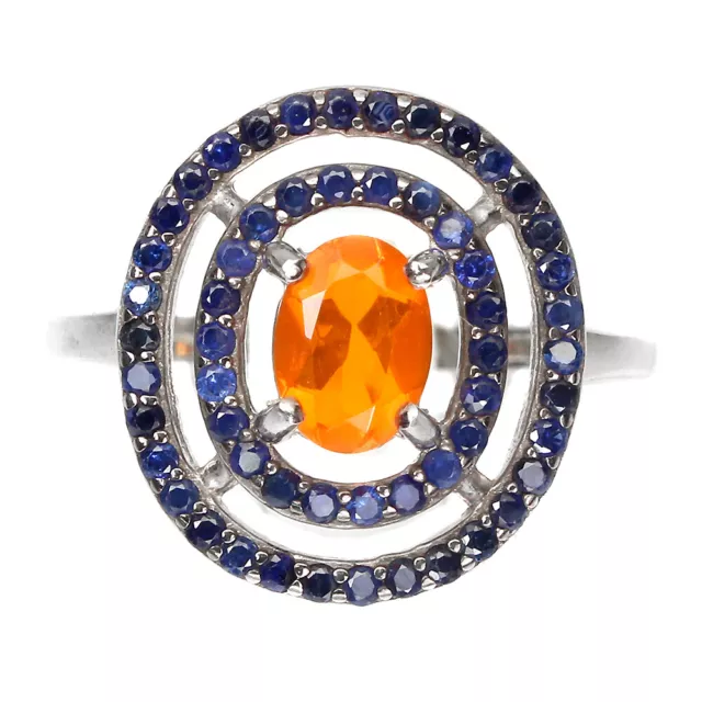 Oval Orange Fire Opal 7x5mm Blue Sapphire Diamond Cut 925 Sterling Silver Ring