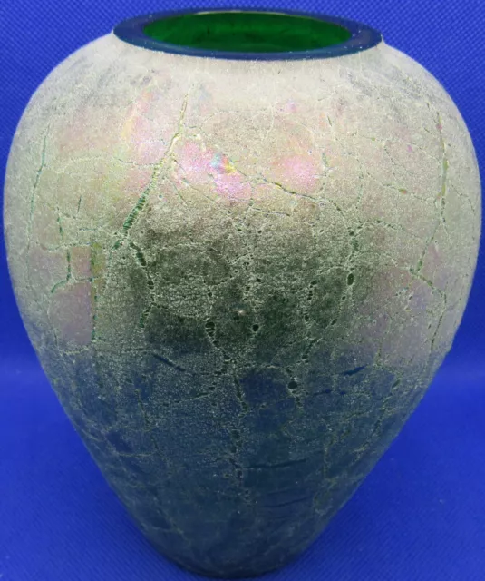 Vintage Silvestri Mouth Blown Green Crackle Textured Iridescent Art Glass Vase