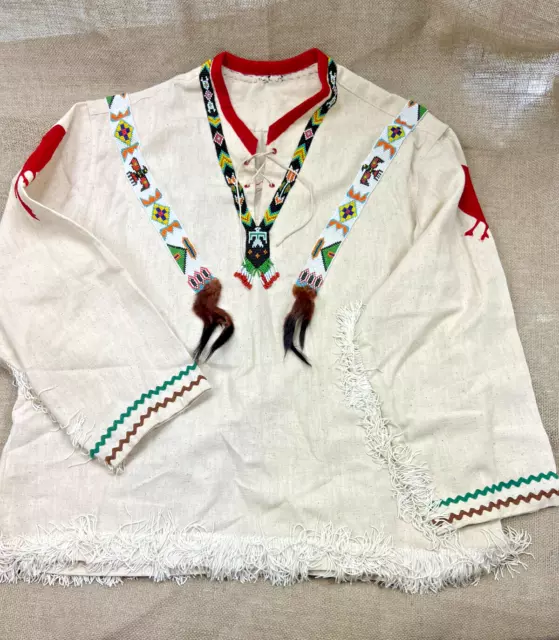 Vtg Native American Canvas Fabric Beaded Fringes Powwow Regalia Shirt Fur