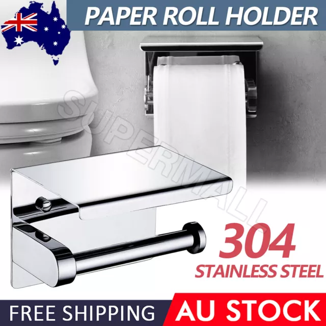 304 Stainless Steel Toilet Roll Holder Paper with Shelf Bathroom Wall Mounted OZ