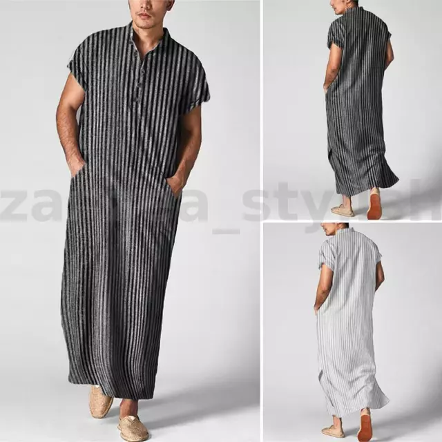 Men's Muslim Saudi Arab Robe Short Sleeve Jubba Dishdasha Kaftan Thobe Dress Top