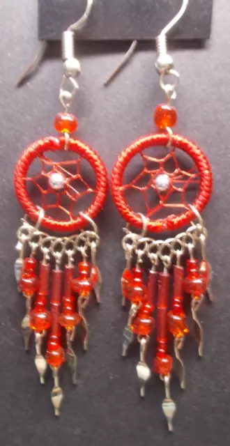 Pair of~Red~ Peruvian Alpaca Silver & Dreamcatcher Earrings~uk seller~