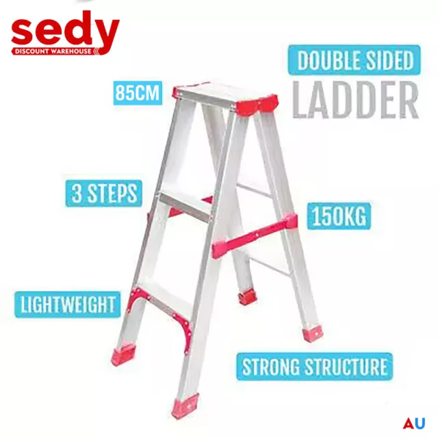 NEW 3 Step 85 cm Folding Ladder Aluminium Light Weight Double Sided Foldable AU