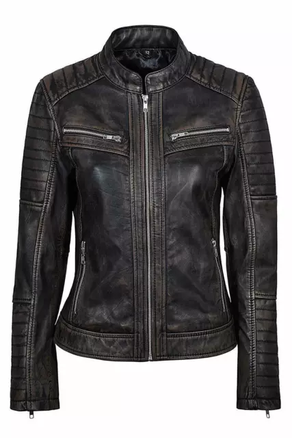WOMEN'S GENUINE LAMBSKIN Leather Jacket Black Slim fit Biker Motorcycle ...