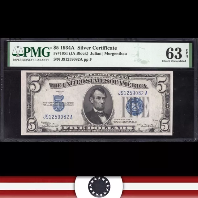 1934-A $5 SILVER CERTIFICATE *J-A Block* PMG 63 EPQ Fr 1651 59082
