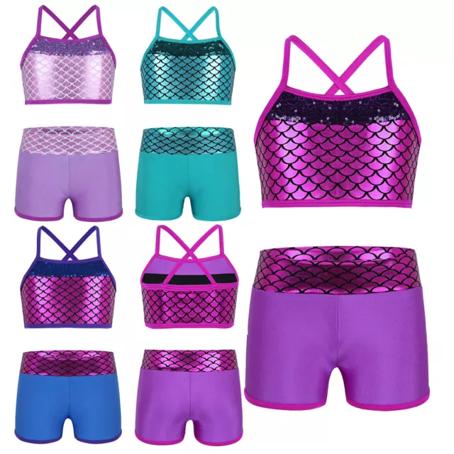 Girls Kids Dance Sport Outfit Mermaid Crop Top+Shorts Gym Leotard Workout Set