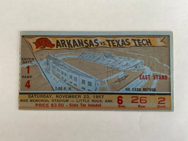 Vintage 1957 College Football Arkansas/Texas Tech Game Ticket Stub