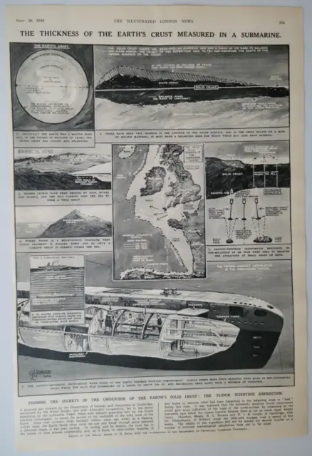 Measuring Earth's Crust In Submarine Tudor Expedition Story ILN 1946 9.5x14.5"