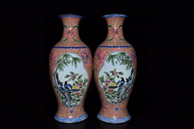A Pair Chinese Enamel Copper Handmade Exquisite Flower Vases 20013