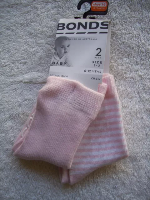 BNWT Baby Girl's Bonds 2 Pack Pink & White Crew Socks Shoe Size 1-2 6-12 Months