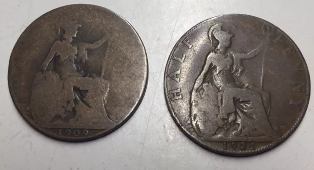 2 X Half Penny Coins King Edward  King George 1909 1921 2