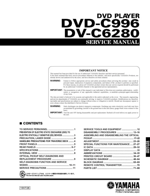 Service Manuel D'Instructions pour Yamaha DV-C6280, DVD-C996