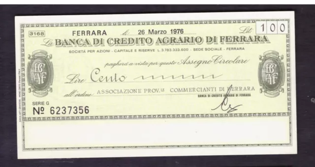 Miniassegno Banca Credito Agrario di Ferrara Ass. Commercianti 100 L 26-3-1976