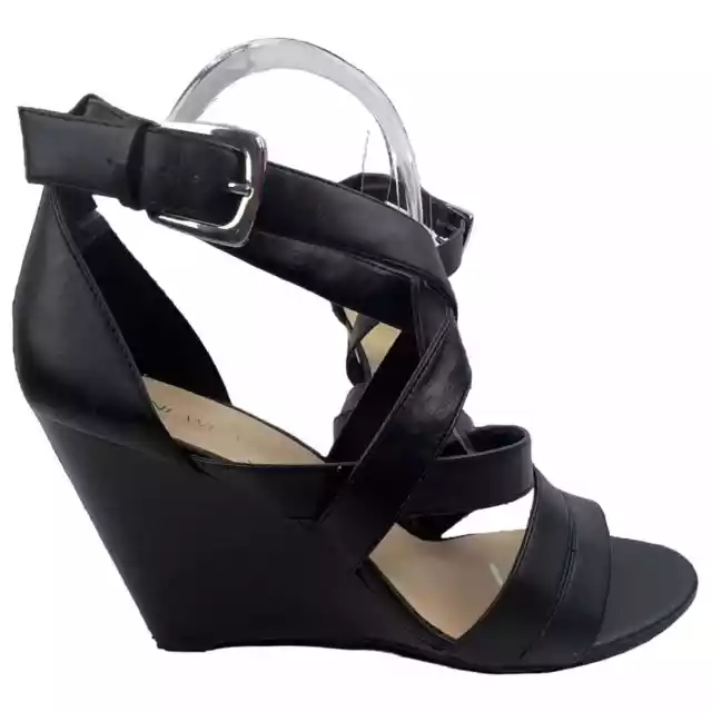 Nine West Wmns Strappy Open Toe Wedge Heeled Faux Leather Sandals Size 10 Black