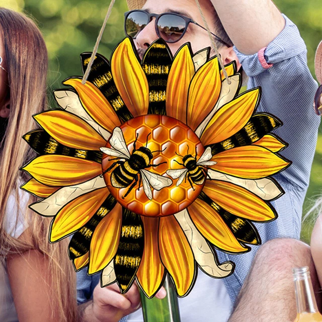 1x Bee Sunflower Wood Door Window Sign Home Decor Wooden Hanging Plaques Party