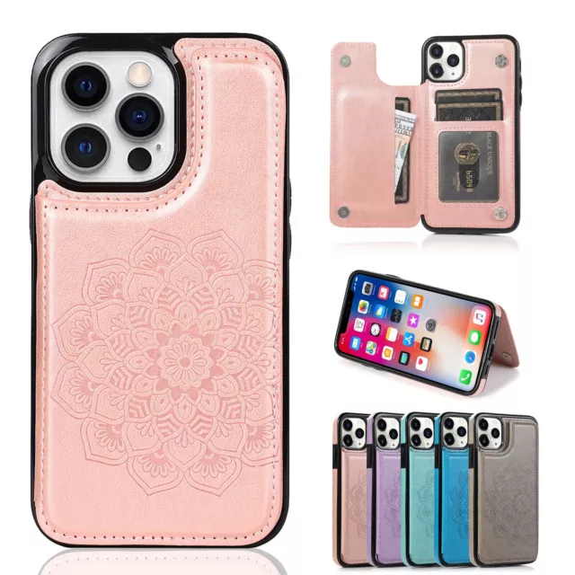 For iPhone 14 Pro Max 13 12 11 XR 6s 7 8 SE Floral Leather Flip Card Wallet Case