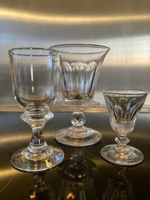 3 Early Victorian Free Blown Crystal Drinking Glasses Large Bases