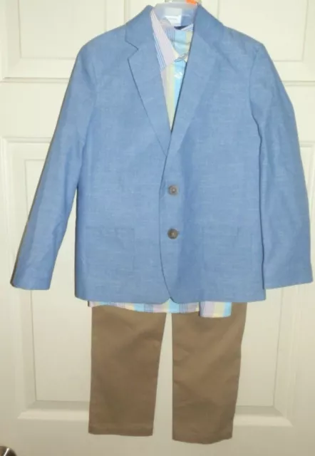 New Boys 3 Piece Suit size 5 Blue Jacket Khaki Pants Striped Shirt Wonder Nation