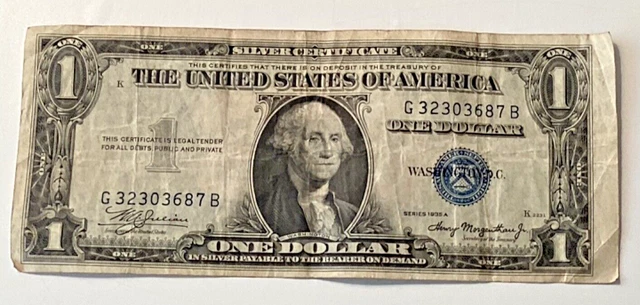 USA $1 One Dollar Silver certificate with Blue Seal - Series  1935A  G32303687B