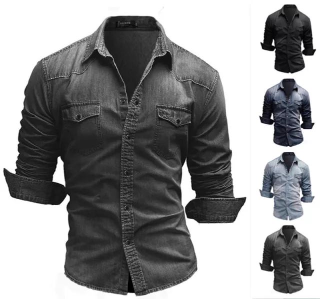 New Mens Denim Jeans Shirts Long Sleeve Casual Slim Stylish Washed Cotton Shirts