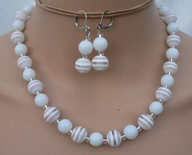 2er Schmuckset Halskette Perlenkette Ohrringe Glas Resin Modeschmuck weiß  021g