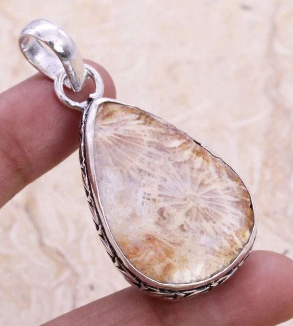 Appealing Fossil Coral 925 Silver Plated Handmade Pendant of 2" Ethnic Gift