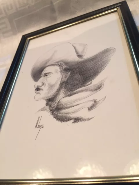Vtg Realist Western Cowboy In The Wind Portrait Pencil Framed Artist Signed #5