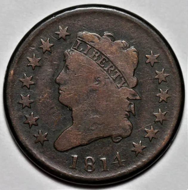 1814 Classic Head Large Cent - Plain 4 - US 1c Copper Penny Coin - L39