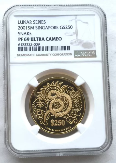 Singapore 2001 Year of the Snake 250$ NGC PF69 1oz Gold Coin,Proof,Rare!