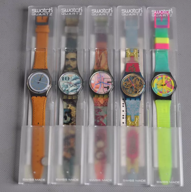 5 ungetr. Swatch Uhren in Box GX117 Ascot GM106 Mark GG110 Franco GN107 GB721