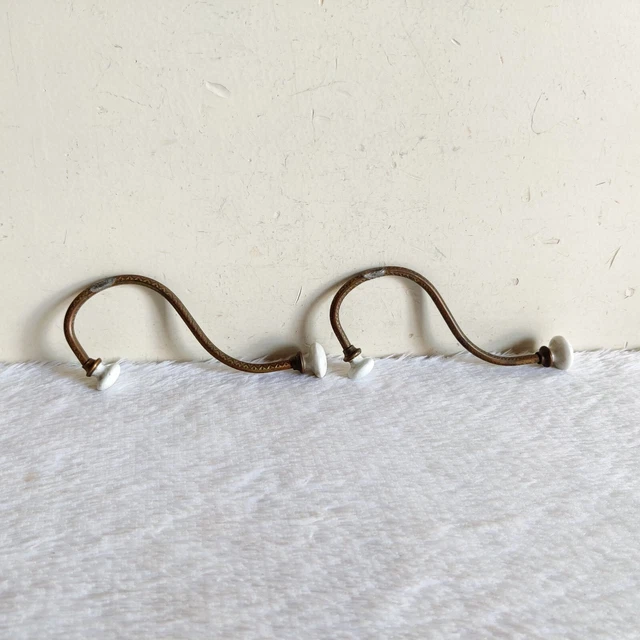 Vintage Original Old Victorian Ceramic Knobs Ornate Brass Wall Hanger Hook M320 4