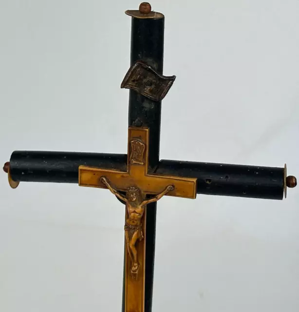 Vintage French Religious Ebonised Wood Spindle Cross with Contrast Cross & Jesus