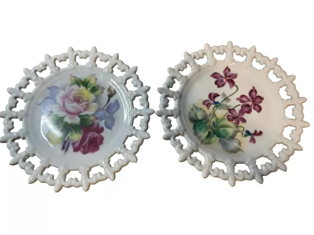 Japanese Lefton Pair Pansy Plates With Fleur De Lis Trefoil Edge, Set of 2 Plate