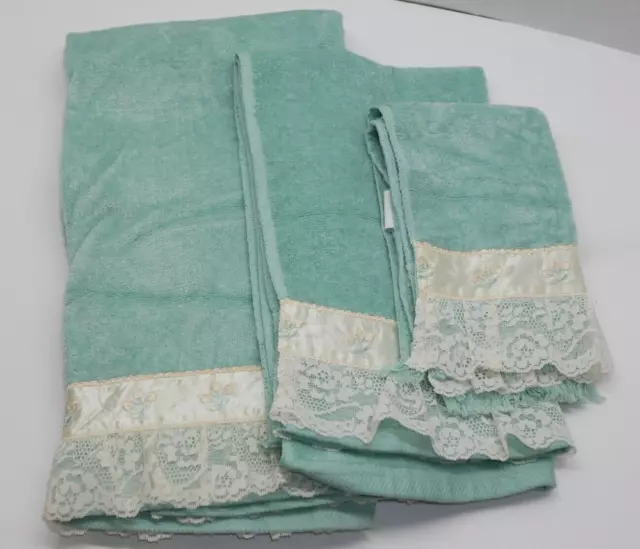 Vintage Bath Towel Set Teal With Lace With Embroidered Detail After Bath Luxury