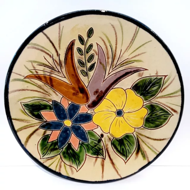 Rare 9" Wall Art Hang Plate Floral Hand Painted Redware Pottery Majolica  P6